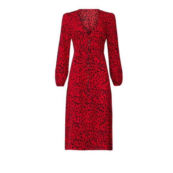 Women’s Small Caara Red Black Animal Print Midi Dress Long Sleeve - READ - Picture 1 of 9